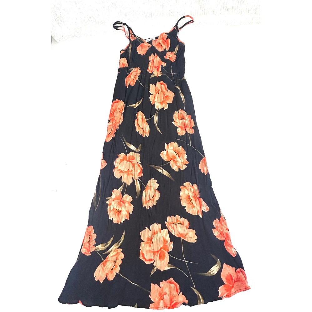 Patrons of Peace Black Orange Floral Print Maxi Dress Spaghetti Straps XS - Picture 1 of 9